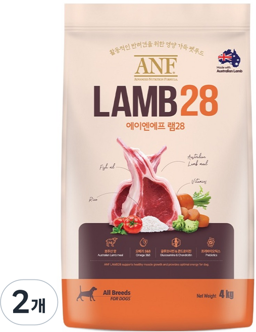 ANF 전연령 강아지 램28 건식사료, 4kg, 2개