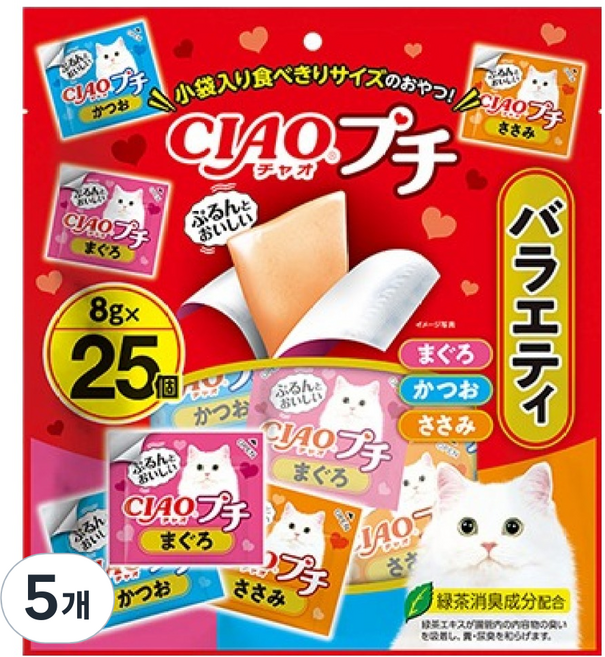 챠오츄르 고양이 CIAO 쁘띠 버라이어티 간식 25p, 200g, 5개, 혼합맛(참치/가다랑어/닭가슴살)