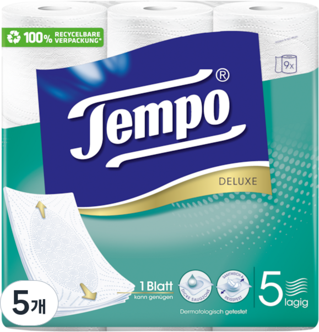 Tempo 得寶 天然紙漿5層高級捲筒衛生紙, 11m, 9捲, 5個