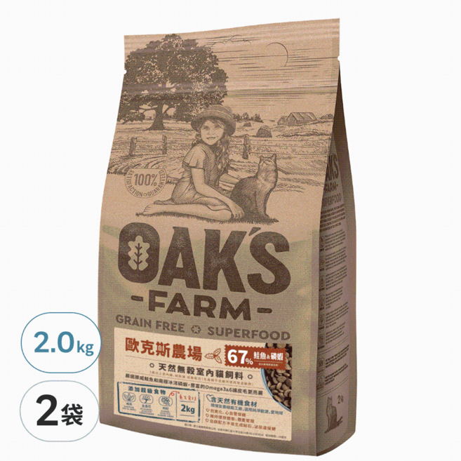 OAK'S FARM 天然無穀 室內貓飼料, 鮭魚 + 磷蝦, 2000g, 2袋