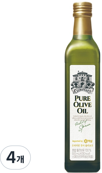 백설 CJ 백설 유러피안 퓨어 올리브유, 500ml, 4개