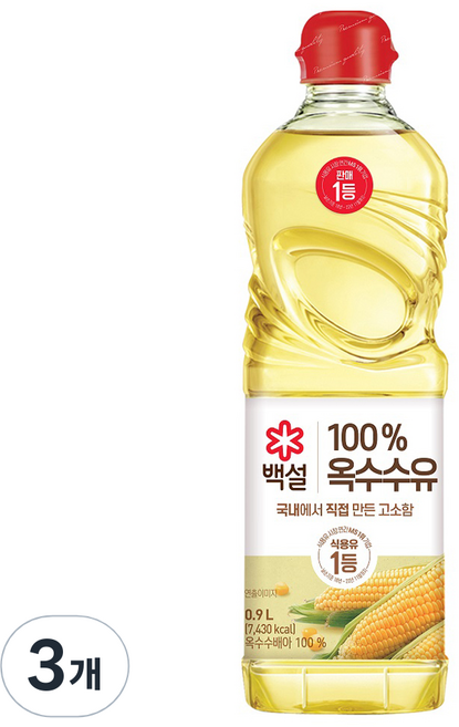 백설 옥수수유, 900ml, 3개