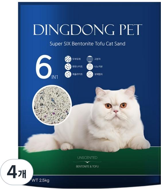 딩동펫 고양이 수퍼 식스 벤토나이트 두부 모래, 2.5kg, 4개, 무향
