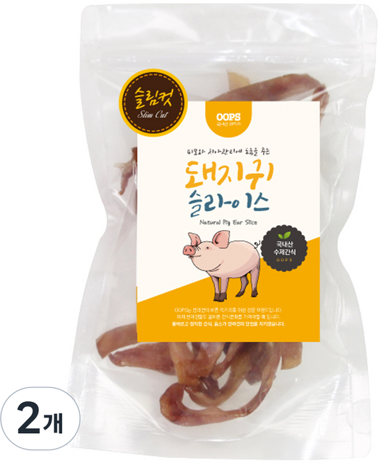 웁스 강아지 국내산 슬라이스 슬림컷 간식, 돼지귀, 60g, 2개