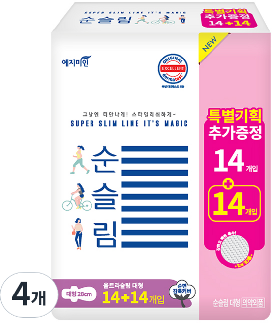 예지미인 뉴 순슬림 생리대 날개형, 대형, 28개입, 4개