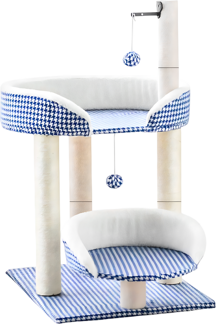 寵物星樂園 2層睡窩劍麻貓爬架, 1個, 千鳥格藍