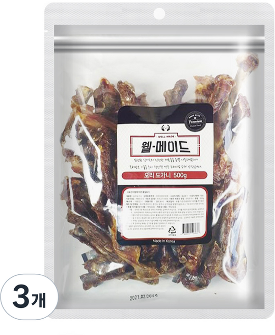 웰메이드 강아지 대용량 수제간식, 오리도가니맛, 500g, 3개