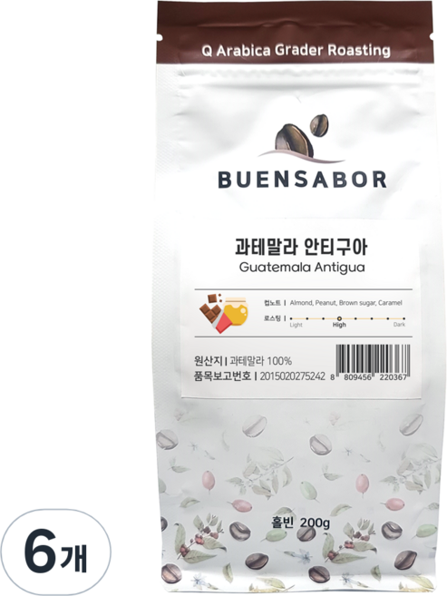 뷰엔사보르 과테말라 안티구아 커피, 홀빈(분쇄안함), 200g, 6개