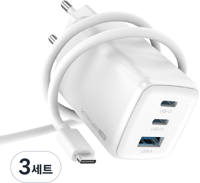 스카이 필 GaN65 큐브 65W 4세대 초미니 3포트 충전기+C to C 60W 1.2m 케이블, 화이트, 3세트