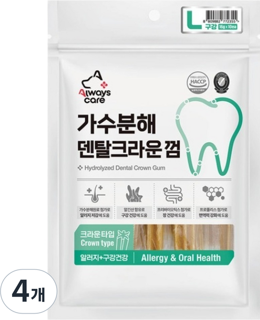 올웨이즈케어 강아지 가수분해 덴탈크라운 껌 알러지 관절건강 구강건강L 프로폴리스 10p, 4개, 160g, 닭