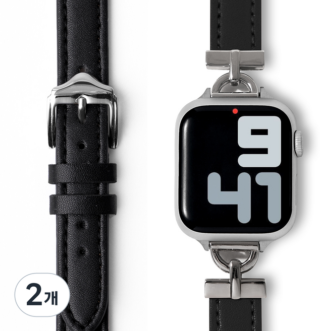 누아트 애플워치 호환 슬림레더 가죽스트랩, 블랙, 2개