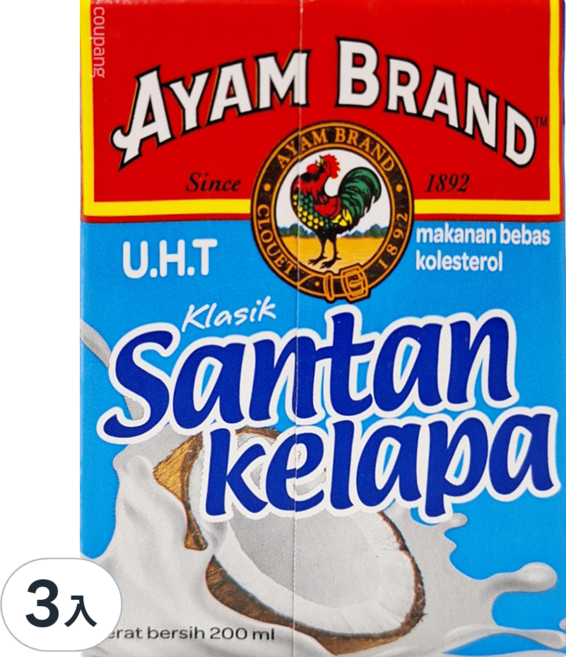 AYAM 雄雞標 特級椰奶 利樂包, 200ml, 3入