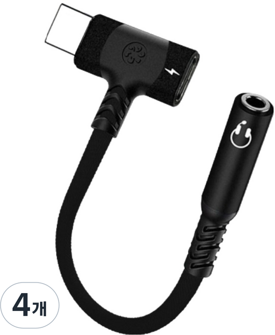 호후 USB C 타입 3.5mm 이어폰 마이크 연결 고속충전 어댑터 케이블 PD이마 듀얼후크, 블랙, 4개, 140mm
