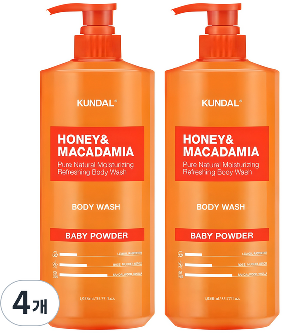 쿤달 허니 앤 마카다미아 퓨어 바디워시 베이비파우더향, 1.058L, 4개