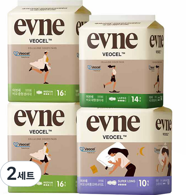 킨도 이브네 비오셀 생리대 중형 32p + 대형 14p + 오버나이트 10p 세트, 2세트