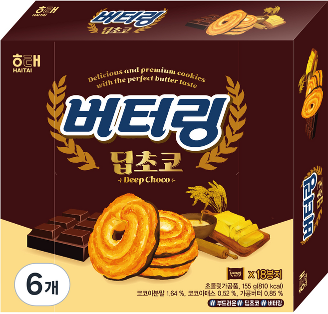 해태제과 버터링 딥초코, 155g, 6개