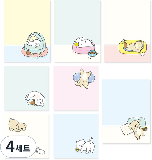 크리스탈팬시 댕댕이 떡메모지 정사각 4종 + 직사각 4종 세트, 치킨, 베개, 슬리퍼, 공놀이(정사각), 옐로우, 민트, 베이지, 스카이(직사각), 4세트