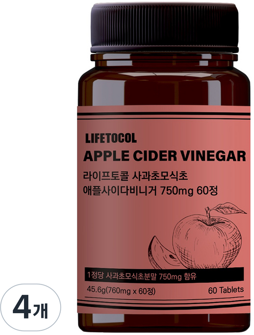 라이프토콜 사과초모식초 애플사이다비니거 750mg, 60정, 4개
