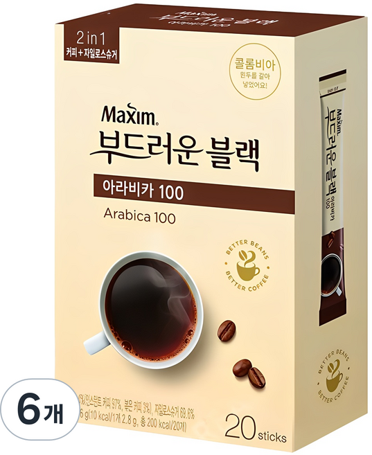 맥심 부드러운 블랙 아라비카100 원두커피믹스, 2.8g, 20개입, 6개