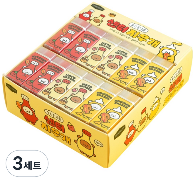 핑크풋 소스친구들 센터 지우개 3종 x 12p 세트, 혼합색상, 3세트