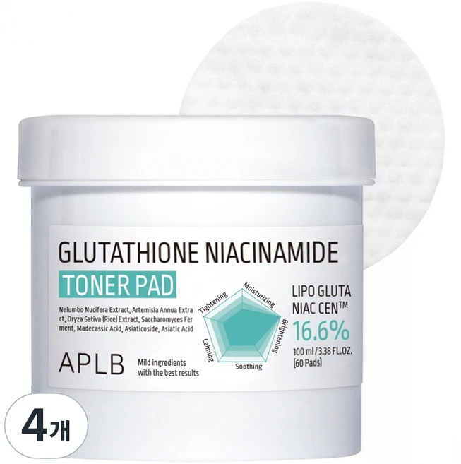 APLB 글루타치온 나이아신아마이드 토너 패드 100ml, 4개, 60매입 - 쿠팡