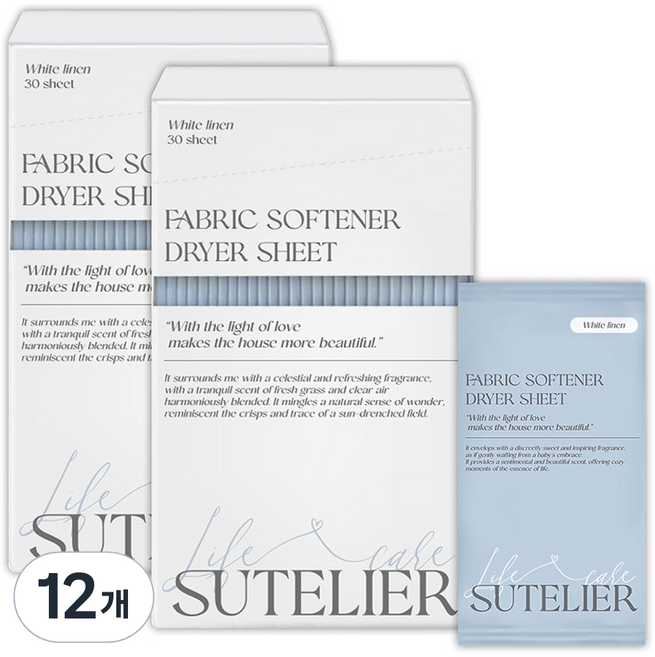 수뜰리에 에센스 건조기시트 섬유유연제 화이트린넨향 본품, 12개, 30개입