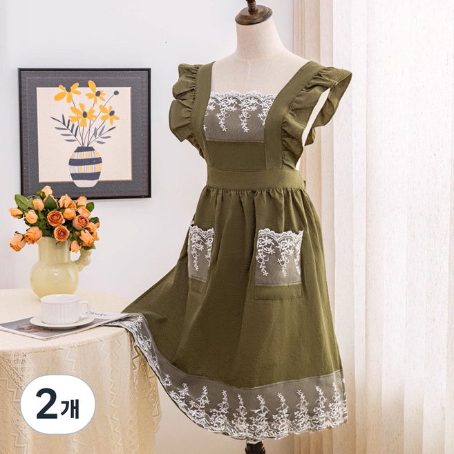 바른리빙 라플레르 프릴 앞치마 주방 카페 바리스타 앞치마, 올리브, 2개