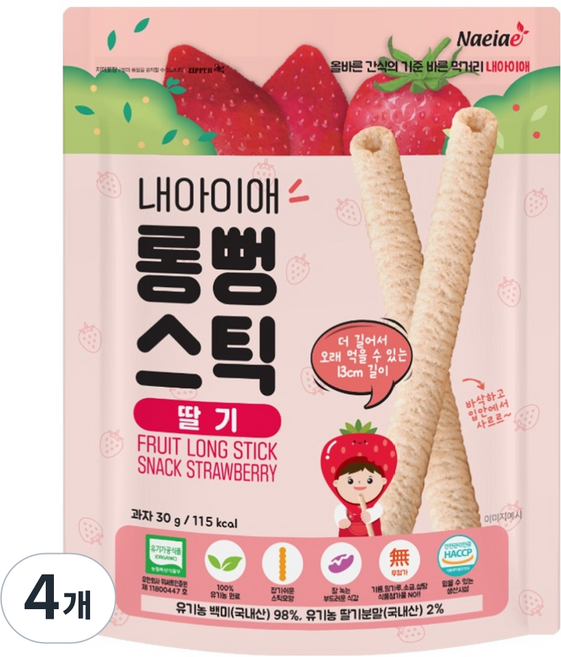 내아이애 유기농 롱뻥스틱 쌀과자, 딸기, 30g, 4개