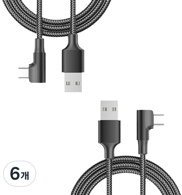 케이스틱 90도 직각 60w 고속충전 C타입 케이블, 블랙, 6개, 1m