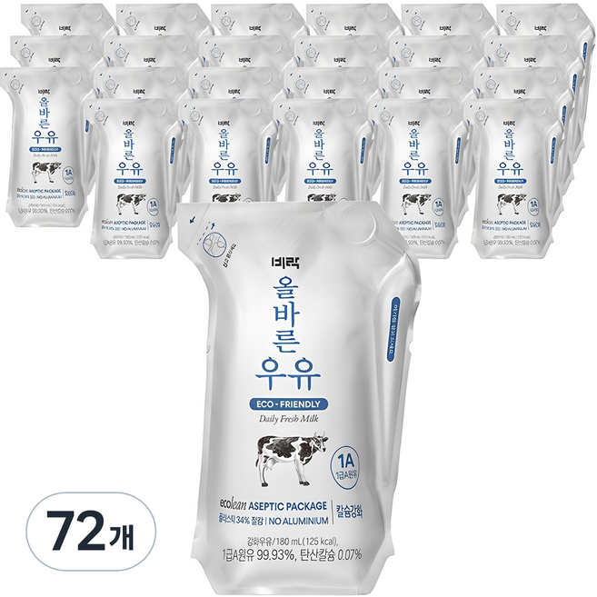 비락 올바른 우유, 180ml, 72개