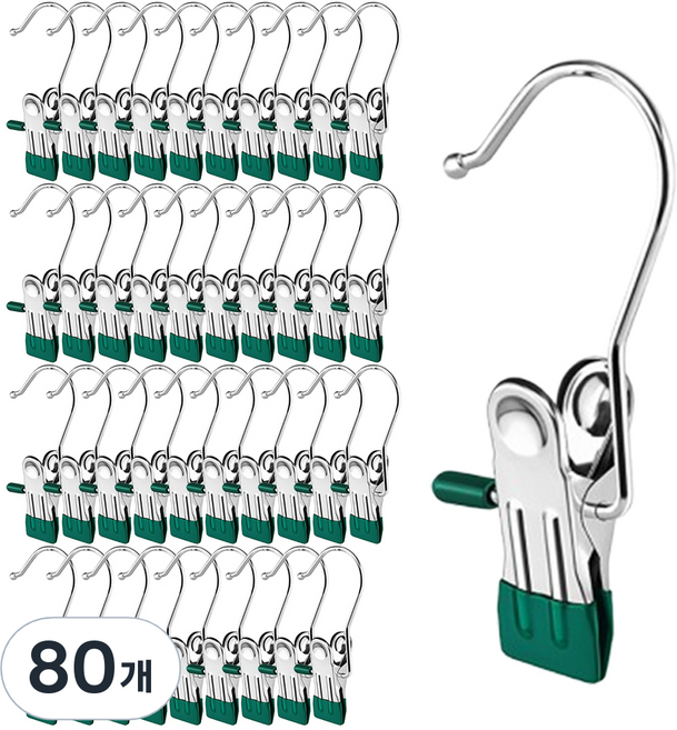 홈바내쓰 논슬립 다용도 스텐 집게걸이, 그린, 80개