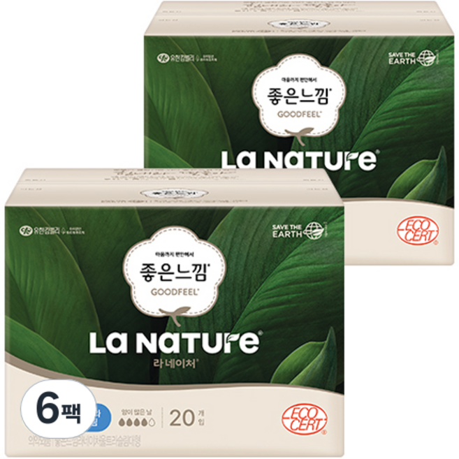 라네이처 좋은느낌 네이처백 울트라슬림 생리대 날개형, 대형, 20개입, 6개