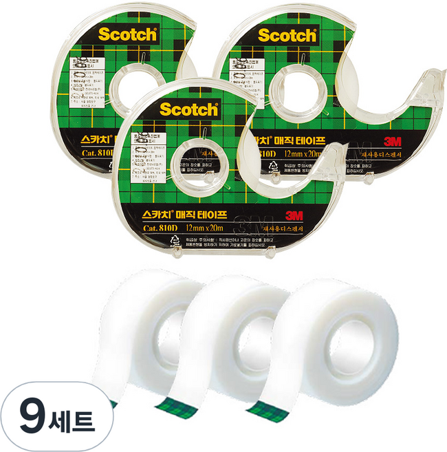 쓰리엠 스카치 매직 테이프 디스펜서 122 18mm x 16m + 리필 18mm x 15m 세트, 혼합색상, 9세트