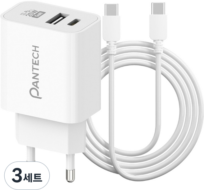 팬택 25W 2포트 초고속충전기 + 45W CtoC 케이블 2m 세트, 3세트, 화이트
