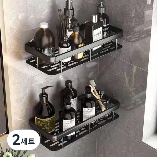 위더스욕실용품 알루미늄 무타공 일자 욕실선반 2p 세트, 블랙, 2세트