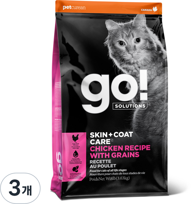 go 전연령 고양이 스킨앤코트 레시피 건식사료, 닭, 3.63kg, 3개