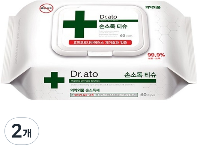 닥터아토 손소독 물티슈 캡형, 60매, 2개