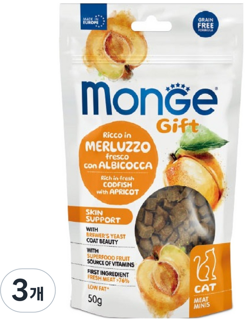 몬지 고양이 기프트 그레인프리 미트미니 스킨 서포트 간식, 혼합맛(대구/살구), 50g, 3개