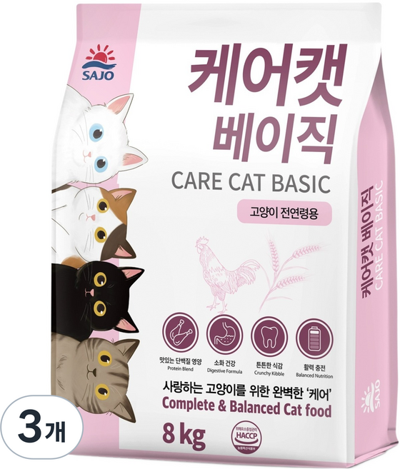 사조동아원 전연령 케어캣 베이직 올라이프 사료, 닭, 8kg, 3개