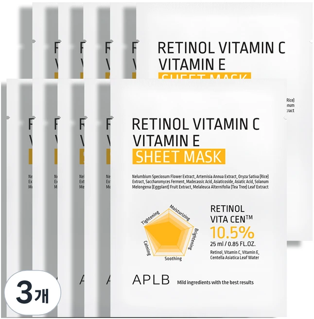 APLB 레티놀 비타민C 비타민E 시트 마스크, 3개, 10개입 - 쿠팡
