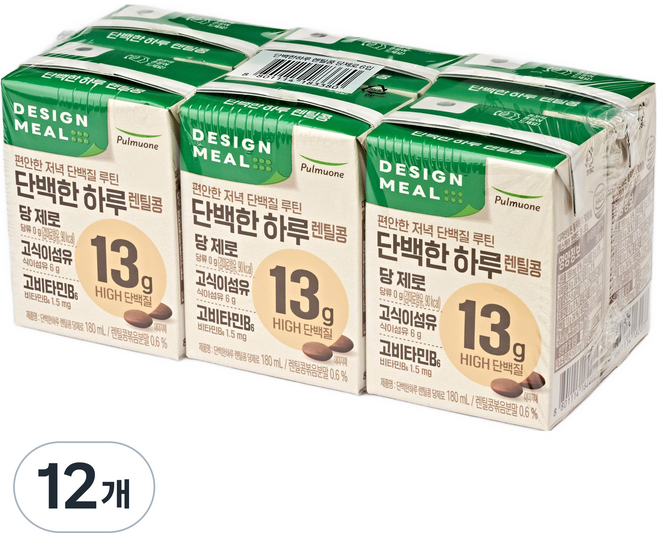 디자인밀 풀무원 단백한하루 렌틸콩 두유 당제로, 12개, 180ml