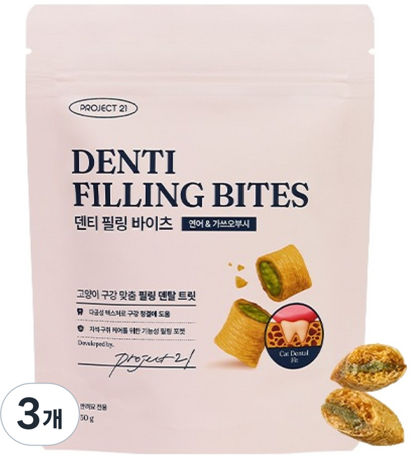 프로젝트21 고양이 덴티 필링 바이츠 이빨과자, 50g, 3개, 혼합맛(연어/가쓰오부시)