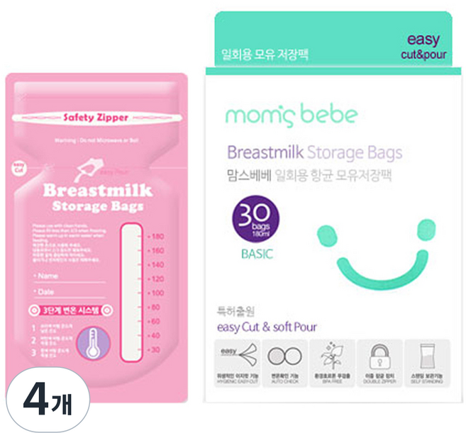 맘스베베 국내 제조 베이직 일회용 모유저장팩 180ml, 30개입, 4개