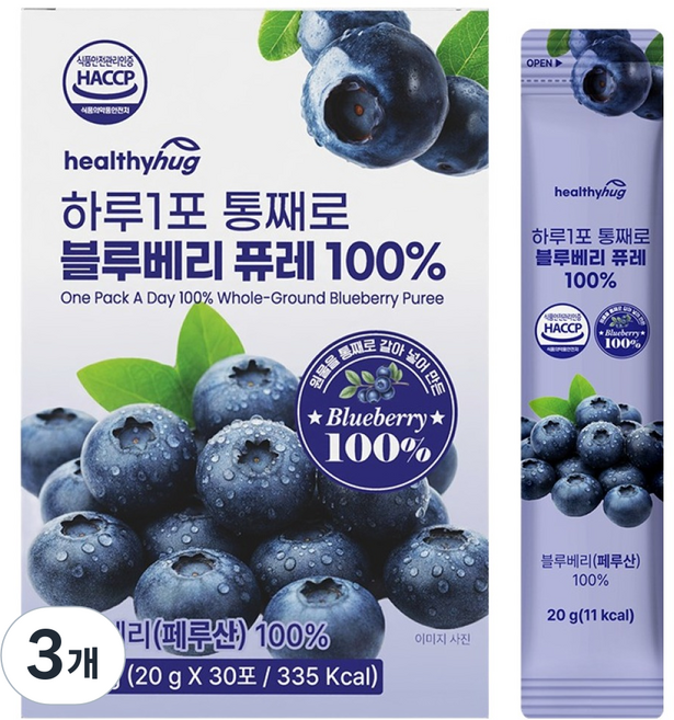 헬씨허그 하루1포 통째로 블루베리 퓨레 100%, 3개, 600g