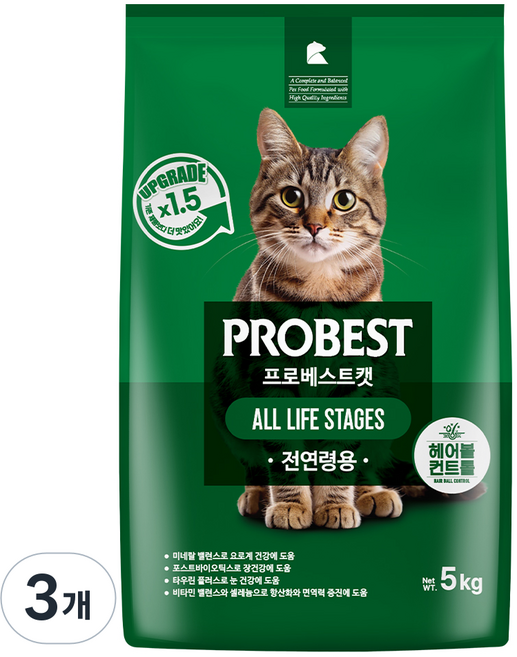 프로베스트 고양이 그린 전연령 기능성 사료, 헤어볼+장건강, 5kg, 3개