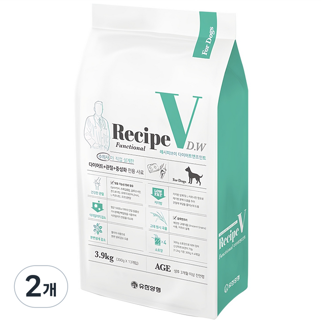 유한양행레시피브이 강아지 처방식사료, 다이어트+관절+중성화, 3.9kg, 2개