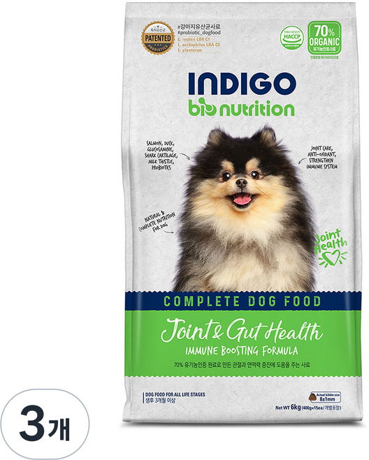 INDIGO 강아지 바이오뉴트리션 면역앤 기능성 사료, 관절+장건강, 2kg, 3개