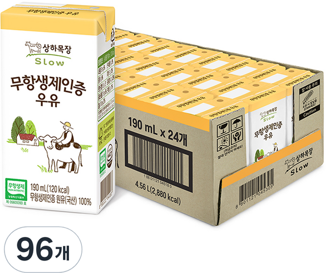 상하목장 무항생제인증 우유, 190ml, 96개