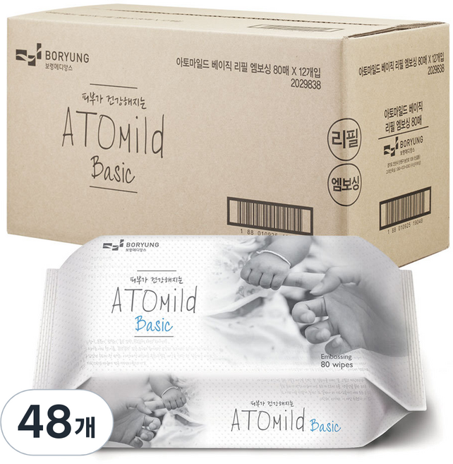 아토마일드 베이직 엠보싱 유아물티슈 리필형 50gsm, 80매, 48개