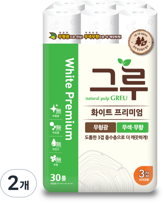 그루 3겹 천연펄프 화이트 프리미엄 롤화장지, 27m, 30개입, 2개
